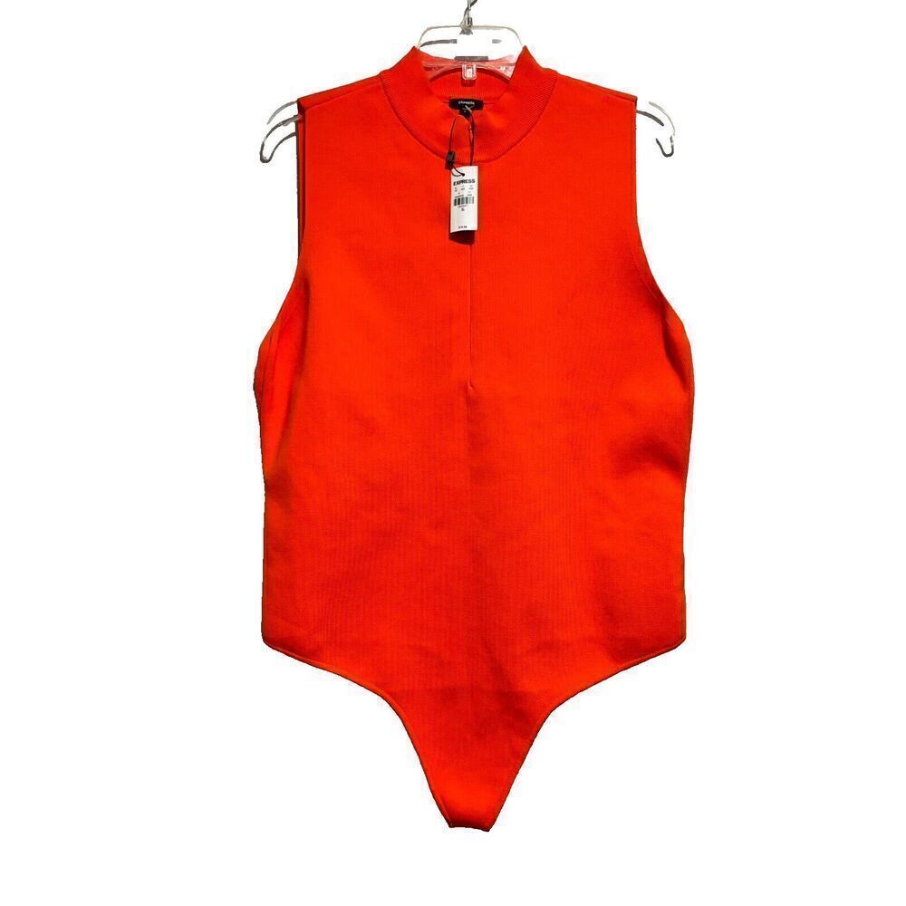 Express  Bodysuit Orange XL Classic Ribbed Front Closer Sleeveless High Neck‎